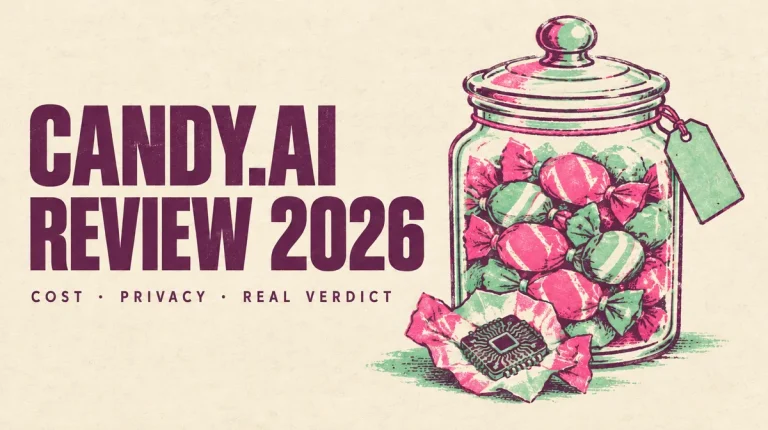 Pink candy jar with one wrapper opened to show a microchip on cream paper, with the title Candy.ai Review 2026