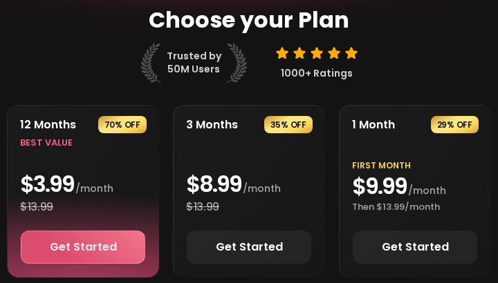 Screenshot of the Candy.ai plans page showing 12 months at $3.99 a month, 3 months at $8.99 a month and 1 month at $9.99 for the first month.