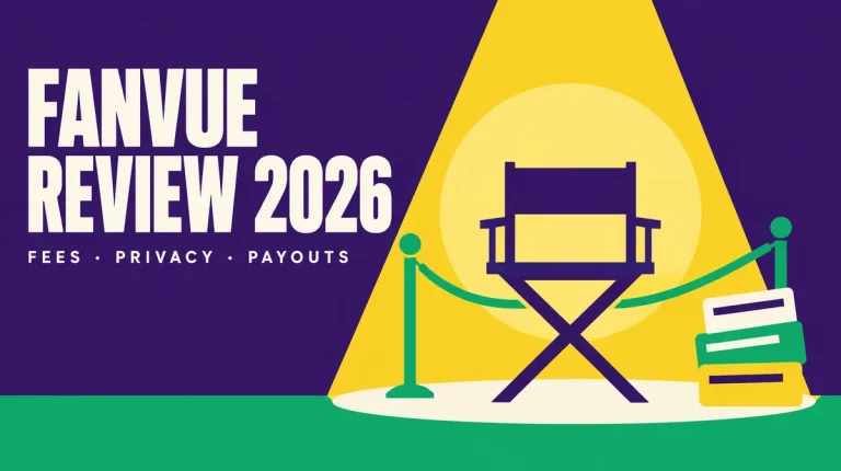 Spotlit director’s chair with a velvet rope on a violet, green and yellow color-block background, with the title Fanvue Review 2026