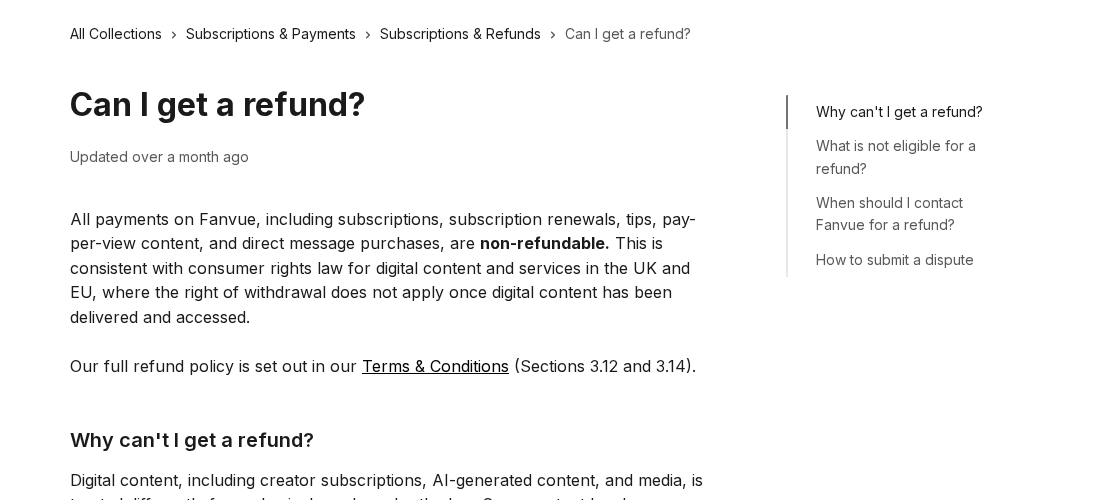 Screenshot of the Fanvue help page Can I get a refund, which says all payments on Fanvue are non-refundable.