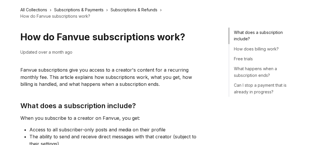 Screenshot of the Fanvue help page How do Fanvue subscriptions work, which says a subscription gives access to a creator's content for a monthly fee.
