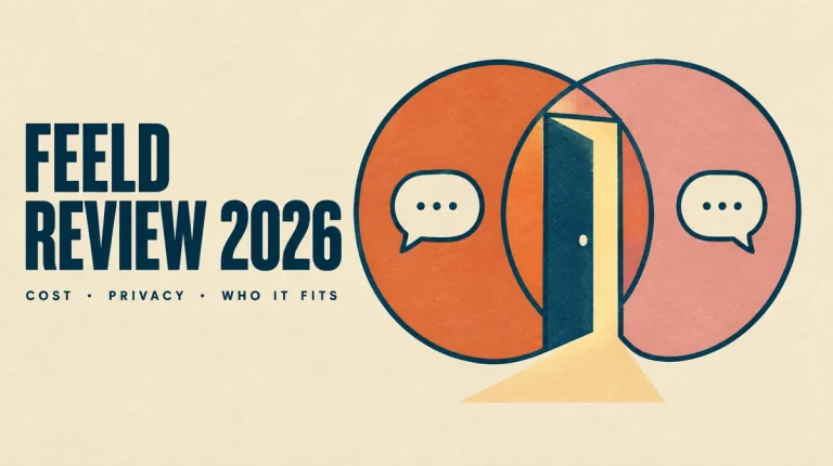 Two overlapping circles with an open door and chat bubbles in terracotta and cream line art, with the title Feeld Review 2026