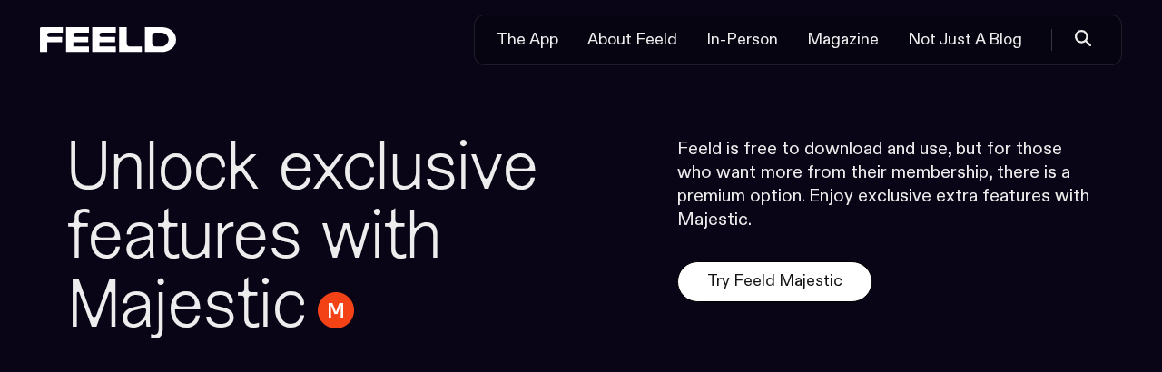 Screenshot of the Feeld Majestic page, which says Feeld is free to download and use and Majestic is the premium option.