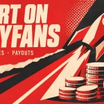Bold red, cream and charcoal paper-cut poster of a rocket launching over stacked coins with a checkmark badge, with the title Start on OnlyFans.
