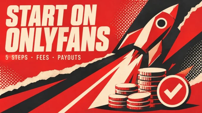 Bold red, cream and charcoal paper-cut poster of a rocket launching over stacked coins with a checkmark badge, with the title Start on OnlyFans.