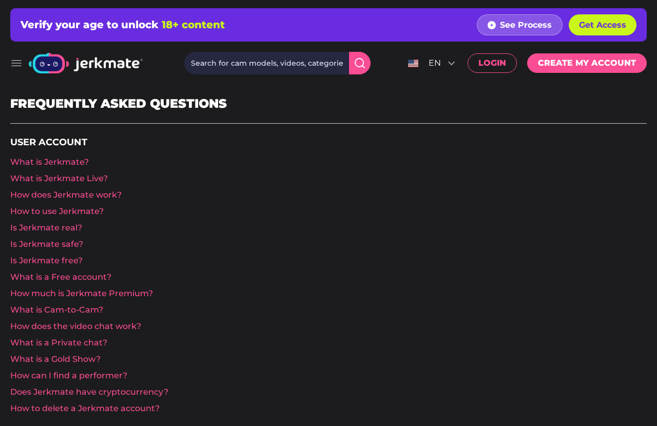 Screenshot of the Jerkmate help page, with questions such as what Jerkmate is, whether it is free and how much Premium costs.