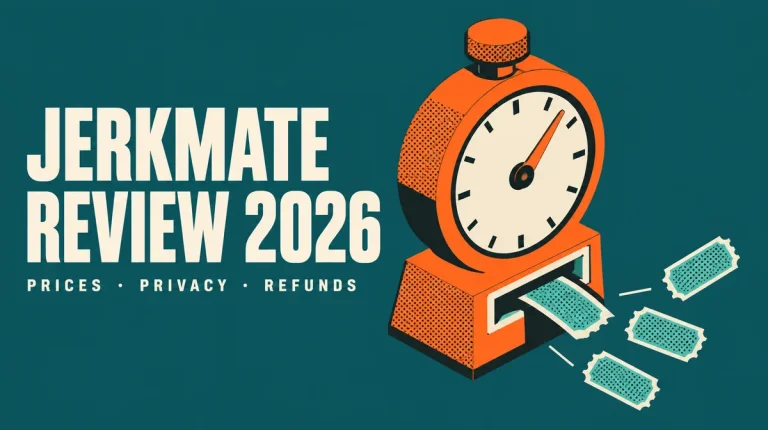 Orange pay-per-minute stopwatch with ticket stubs on a teal halftone background, with the title Jerkmate Review 2026
