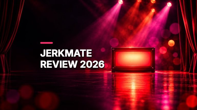 Magenta and red spotlights illuminate an empty stage with a glowing live broadcast sign.
