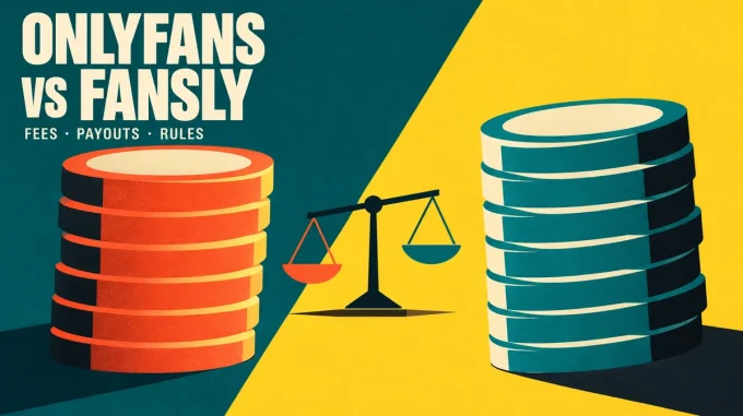 Two giant coin stacks, one orange on teal and one teal on yellow, face each other with a small balance scale between them under the title OnlyFans vs Fansly.