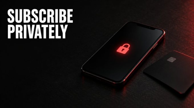Smartphone with a glowing red padlock beside a turned-away bank card, illustrating private OnlyFans subscriptions and payment security.